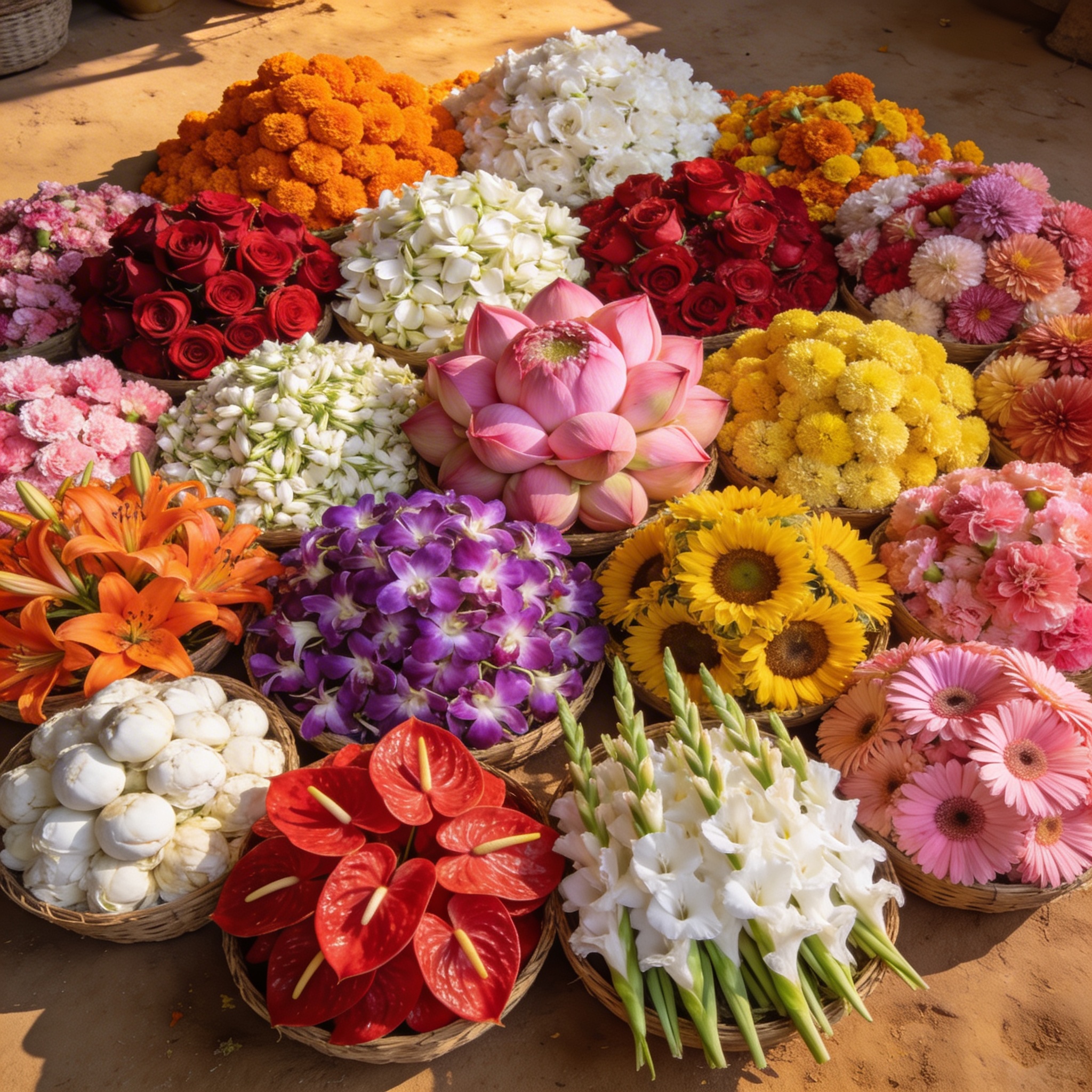 Hundreds of different fresh flower varieties displayed in massive abundance — marigolds, roses, rajnigandha, lotus, orchids, lilies, chrysanthemums from across India and Thailand