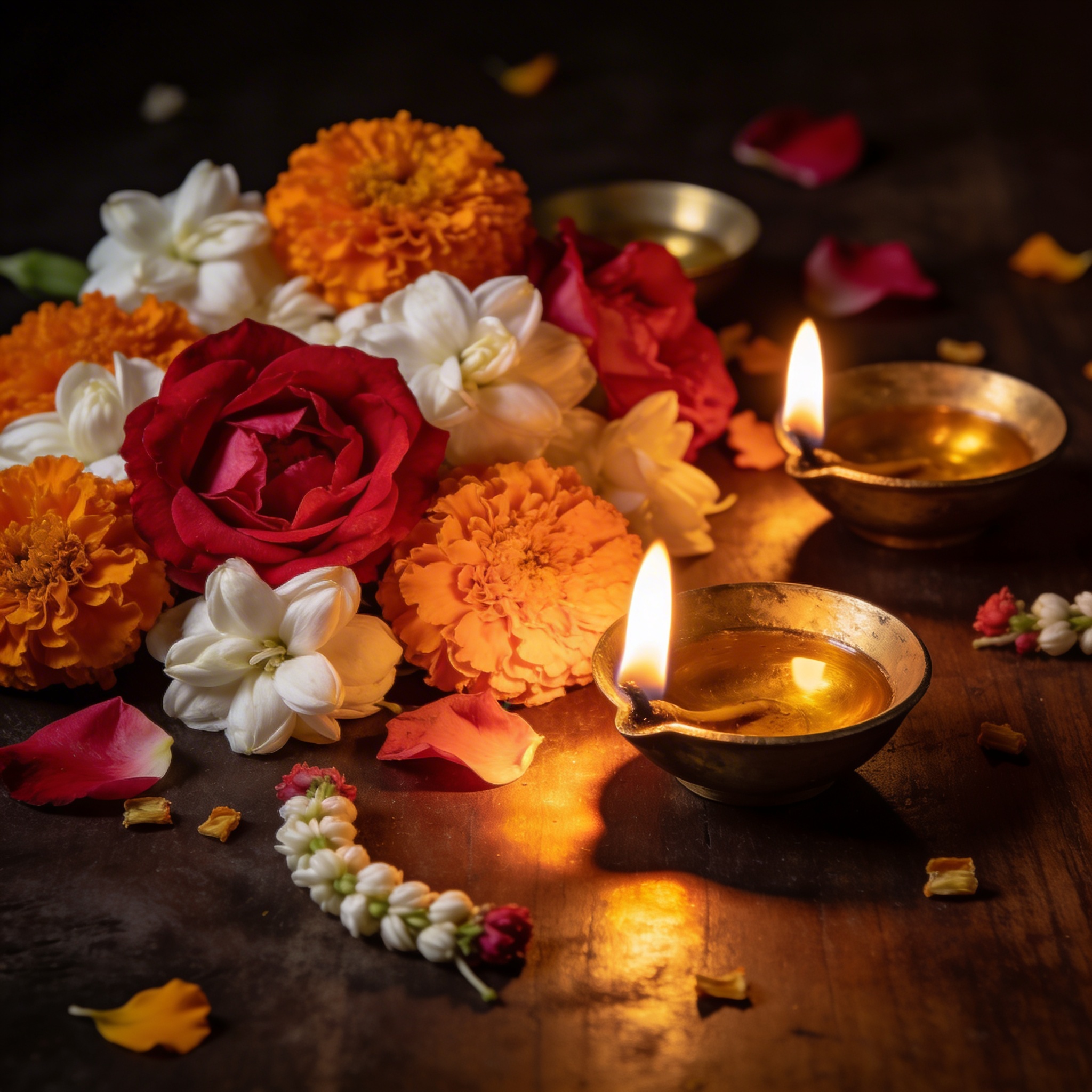 Rich warm composition of scattered flower petals and lit brass diyas on dark wooden surface