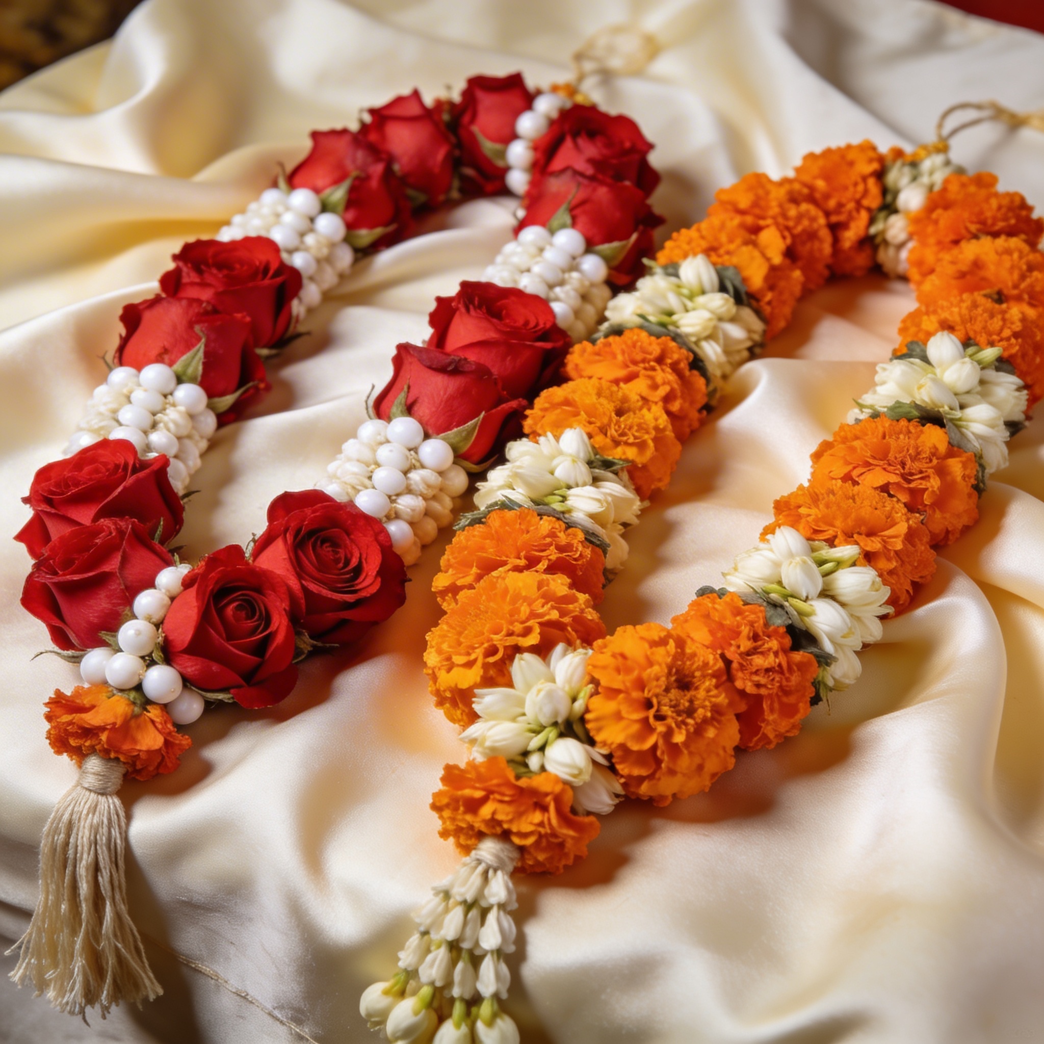 Two elaborate var mala wedding garlands on silk cloth