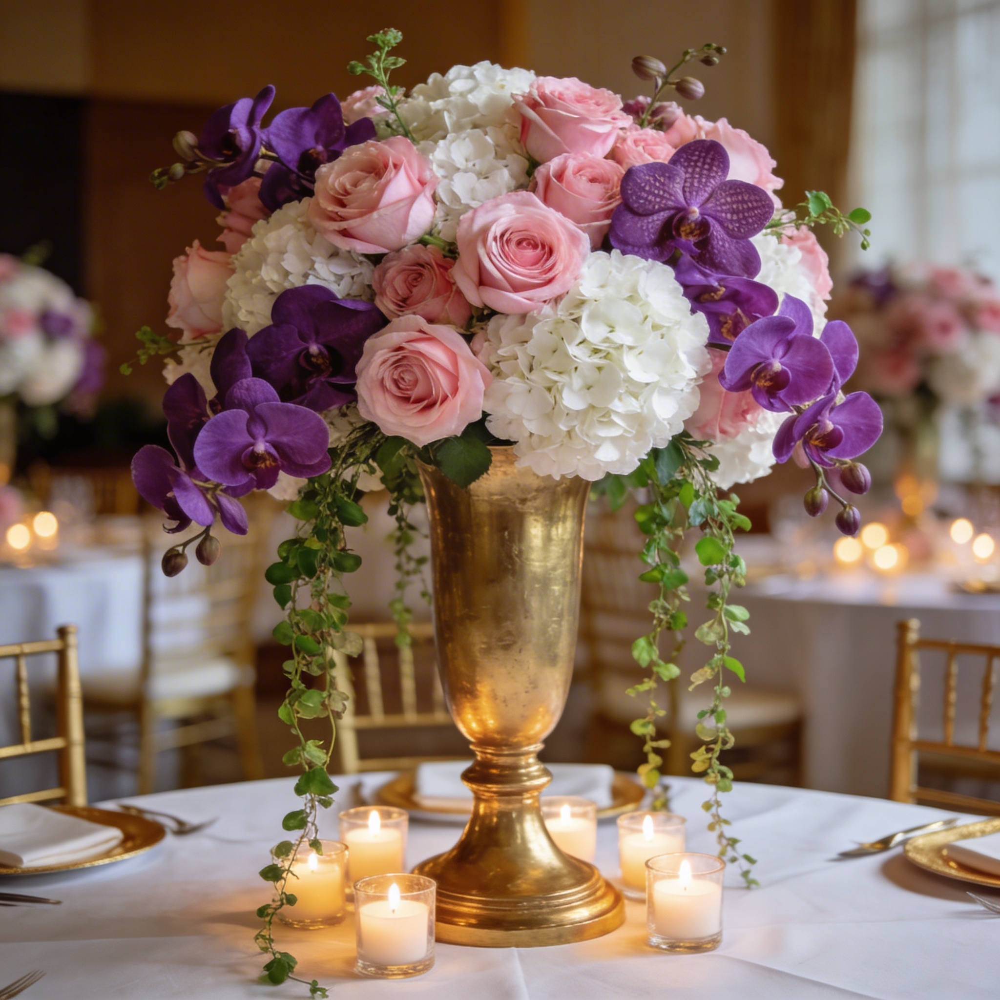 Elegant reception table centerpiece with roses and orchids