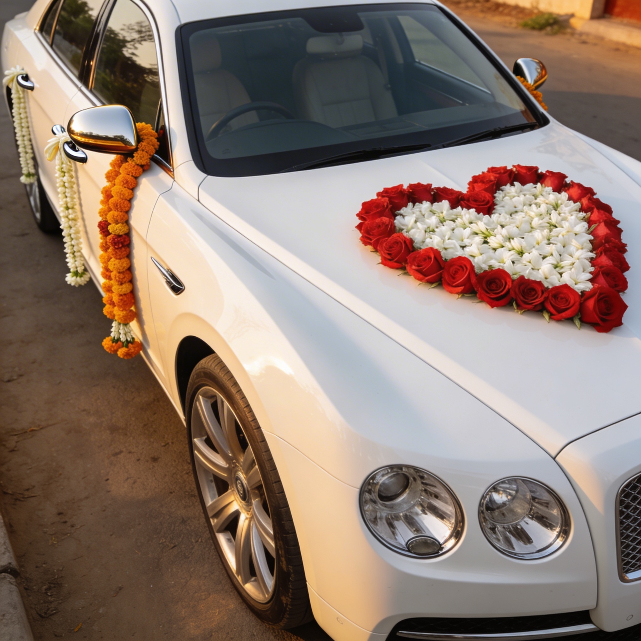Wedding car decorated with roses and rajnigandha