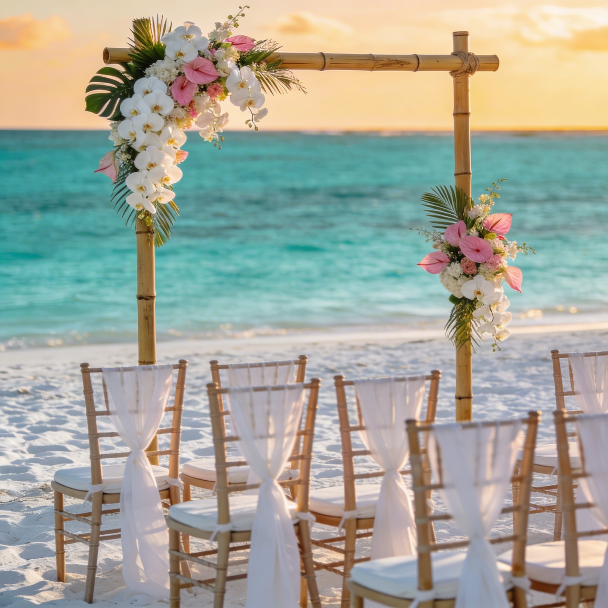 Beach wedding setup in Andaman with bamboo arch and orchids