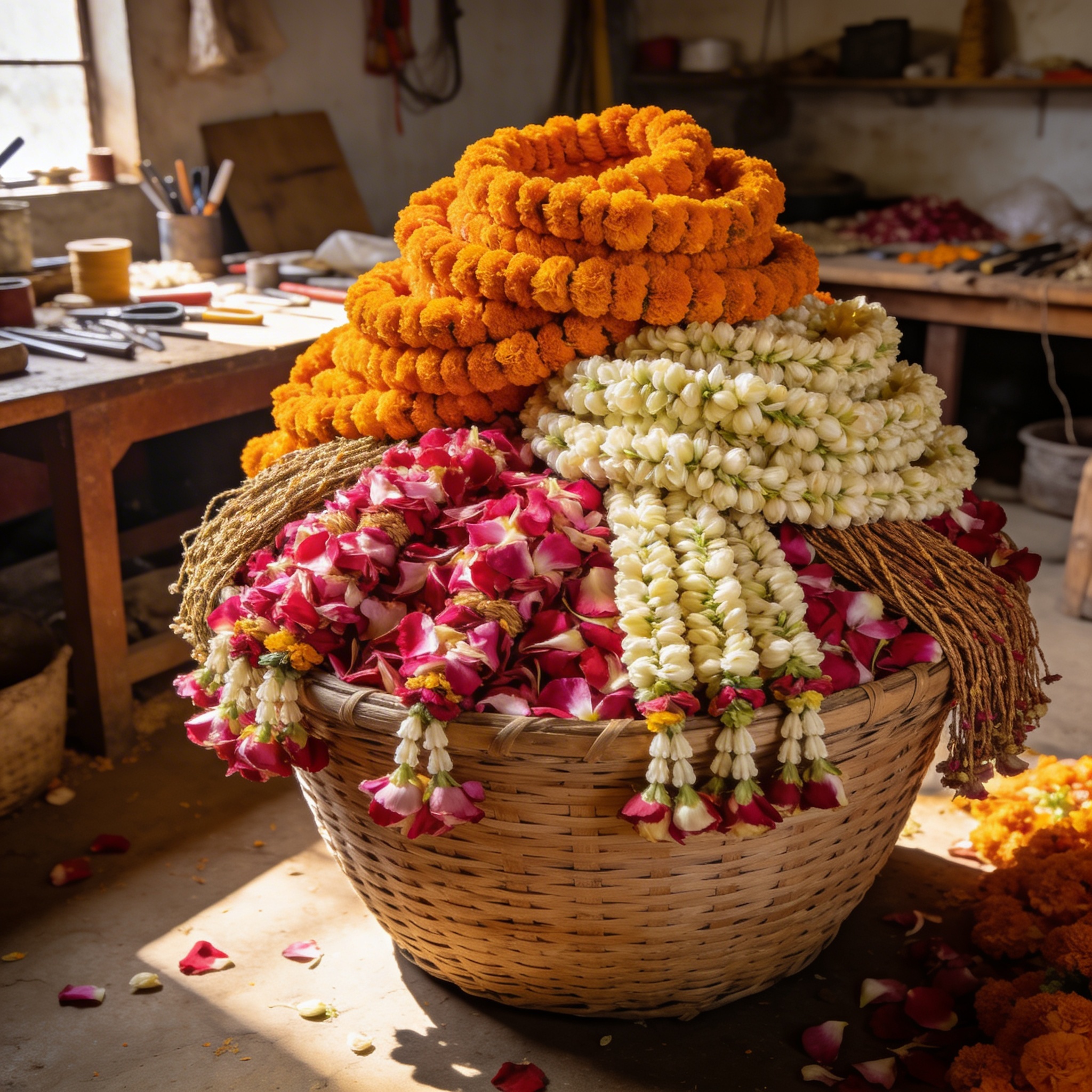 Basket overflowing with freshly made garlands