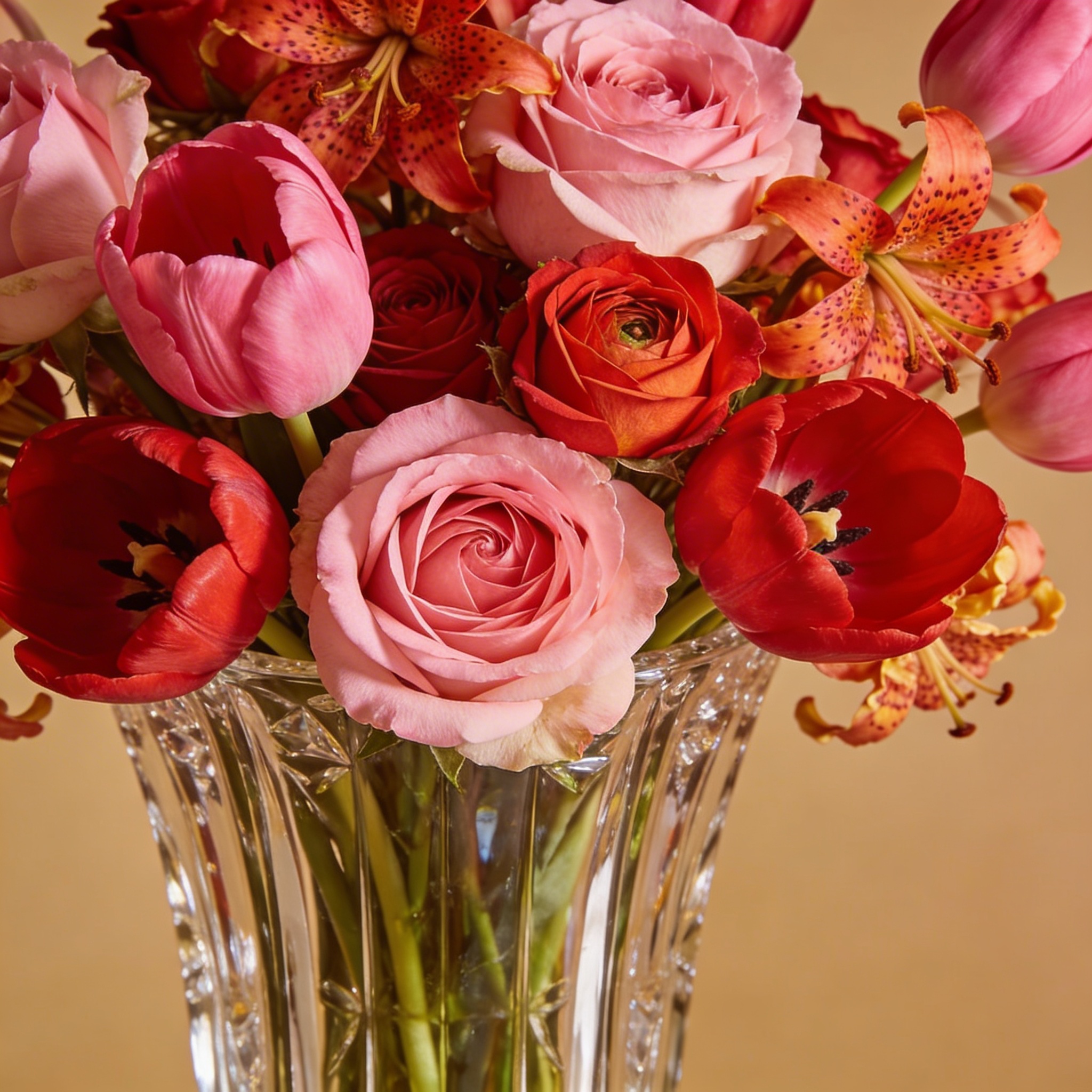 Premium arrangement mixing Dutch tulips with Indian roses