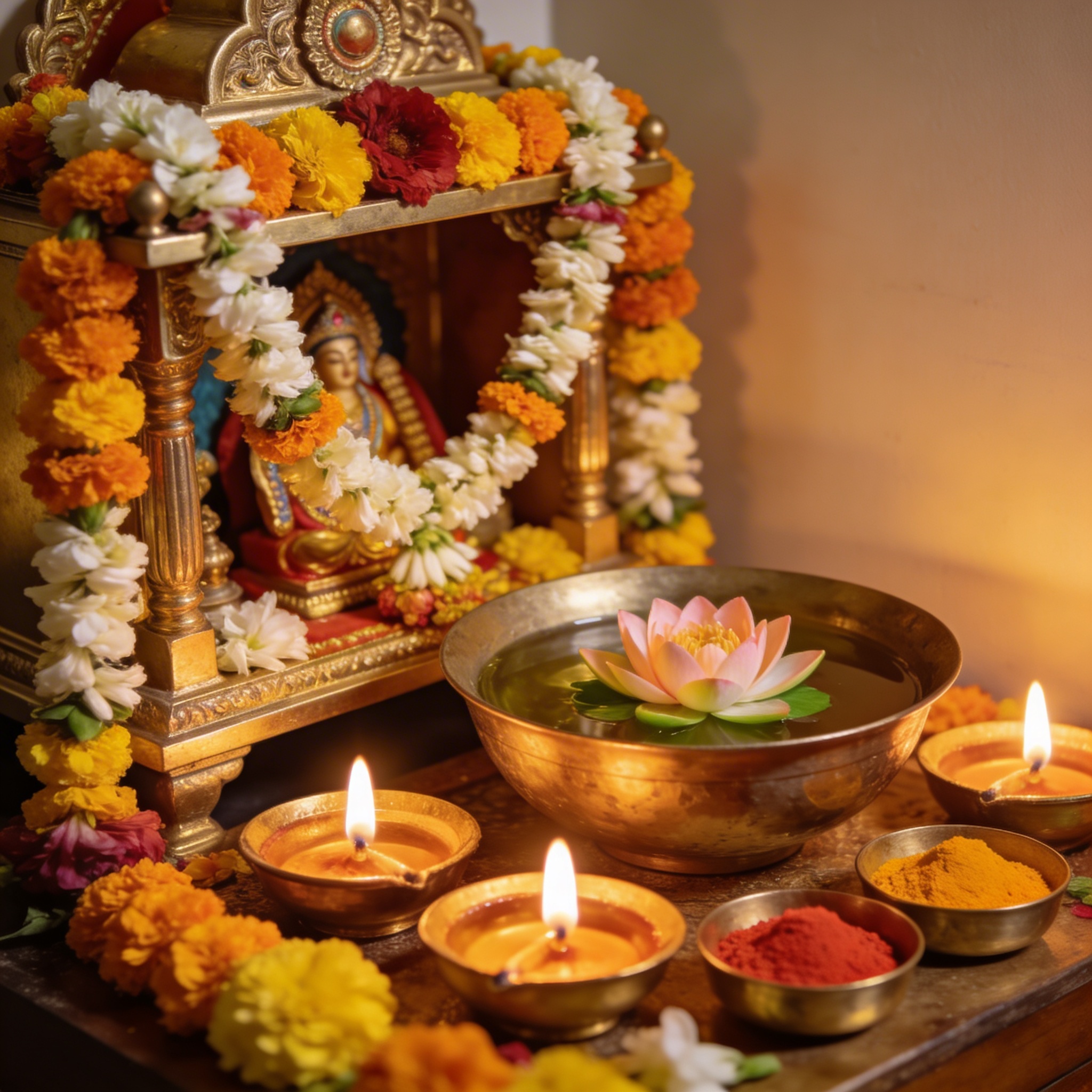 Home pooja room decorated with marigold and jasmine garlands