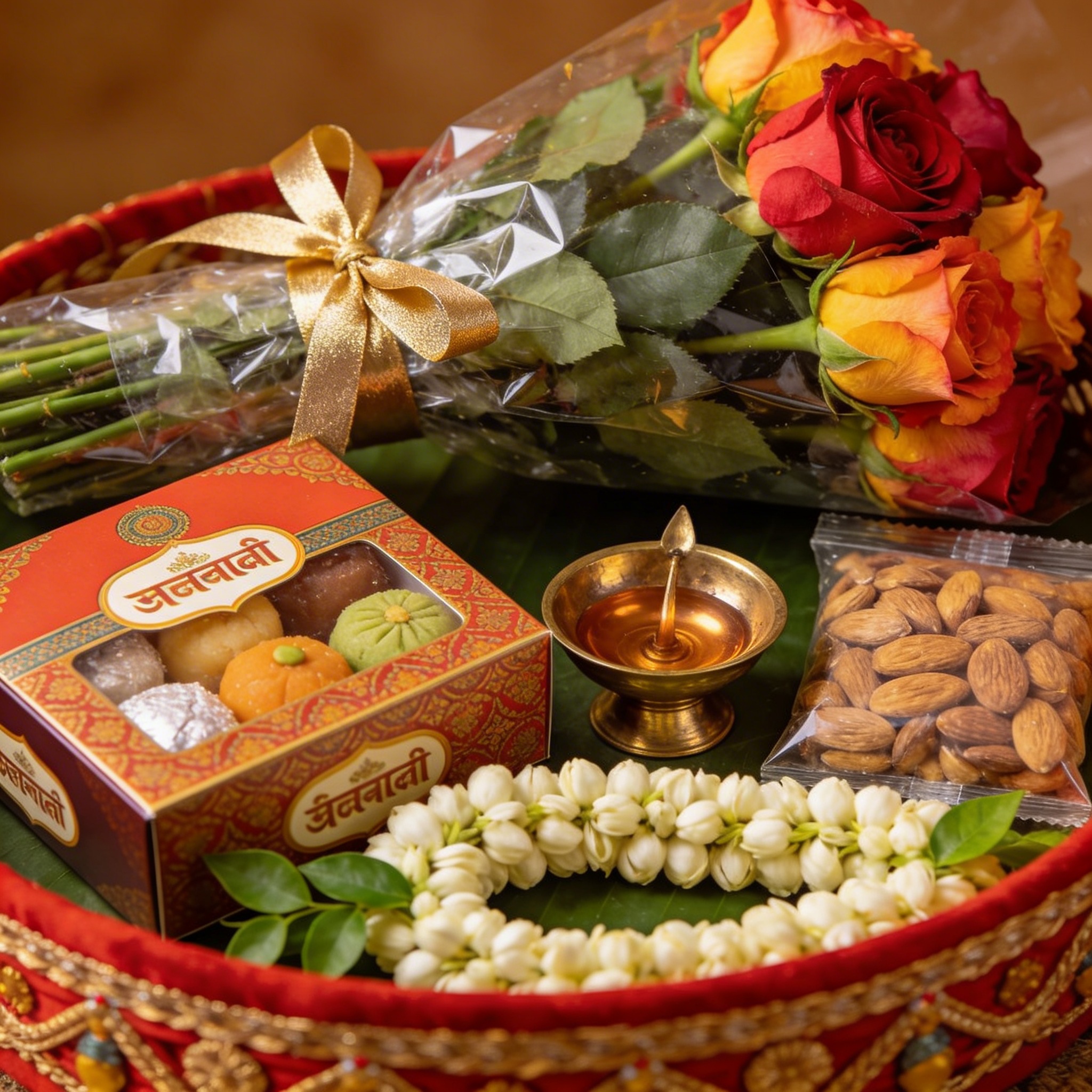 Premium wedding gift hamper with flowers and sweets