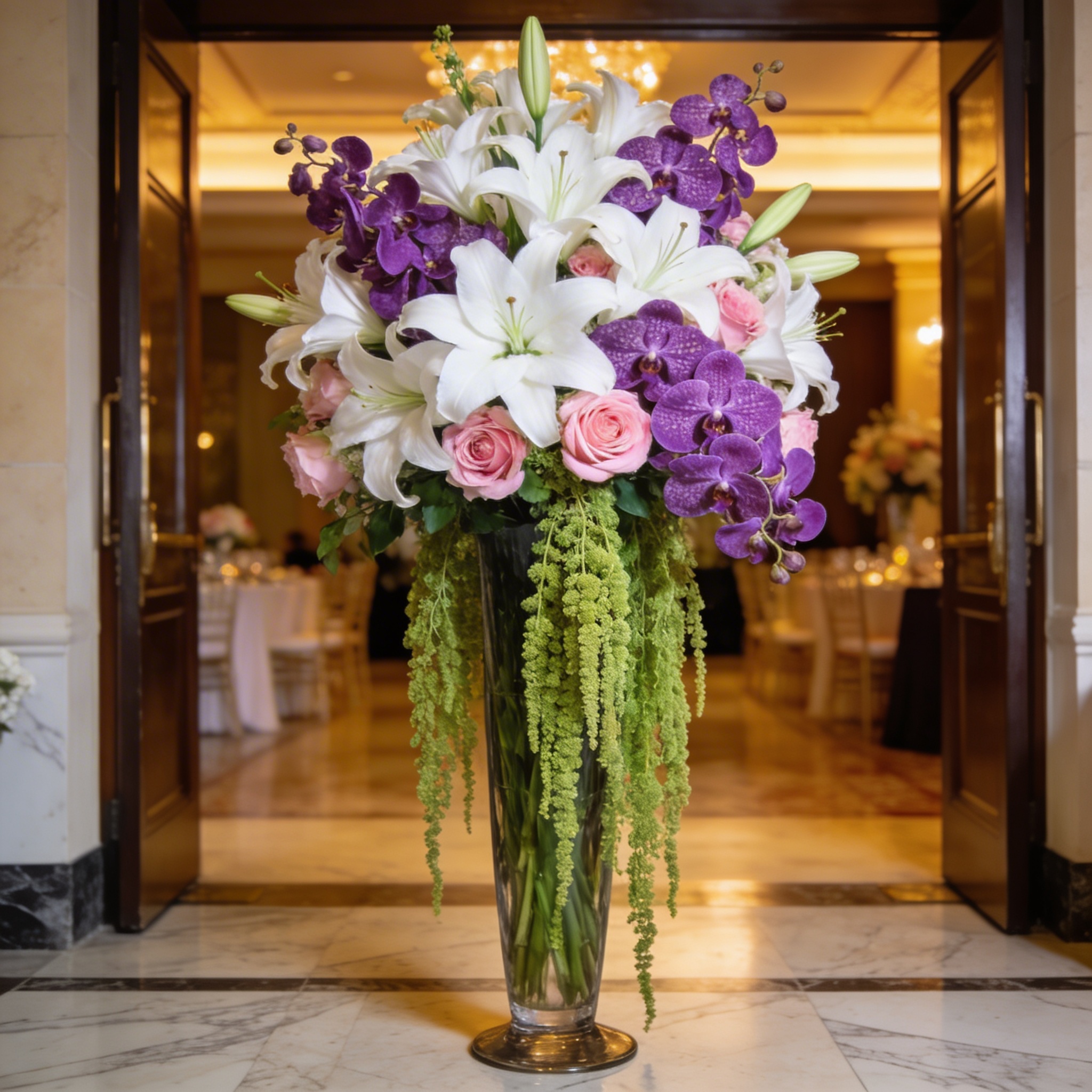Tall vase with white lilies, purple orchids, and roses