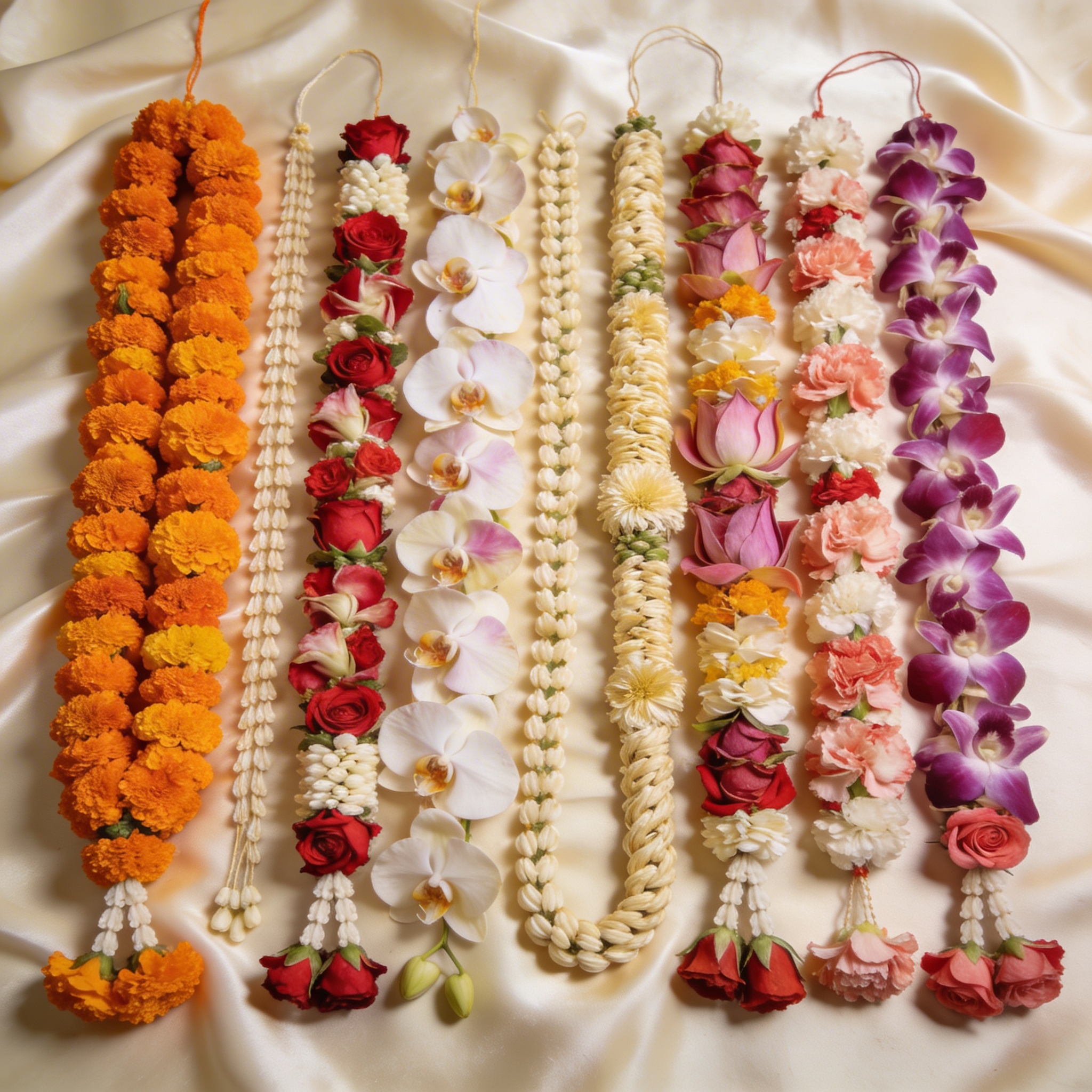 Ten different types of Indian wedding garlands displayed