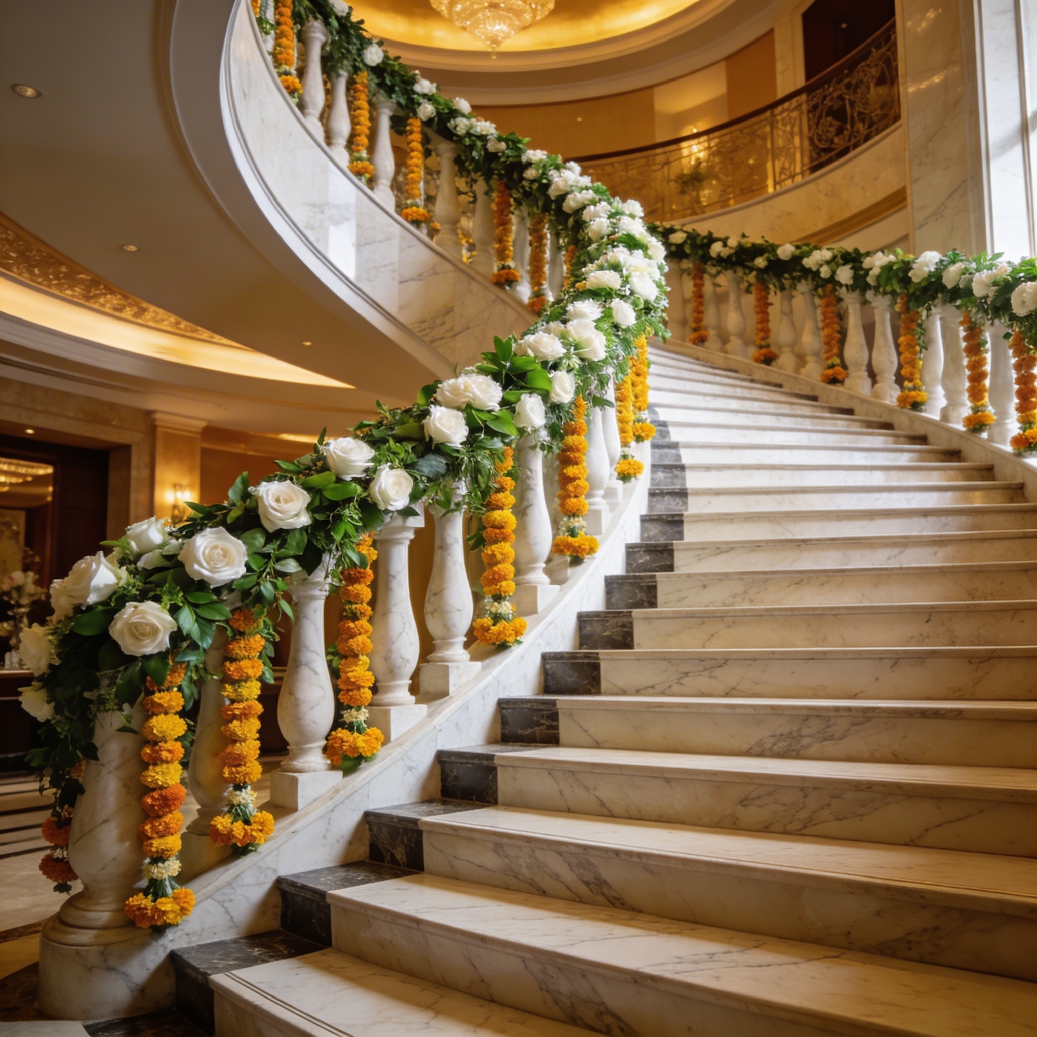 Hotel spiral staircase wrapped in roses and foliage