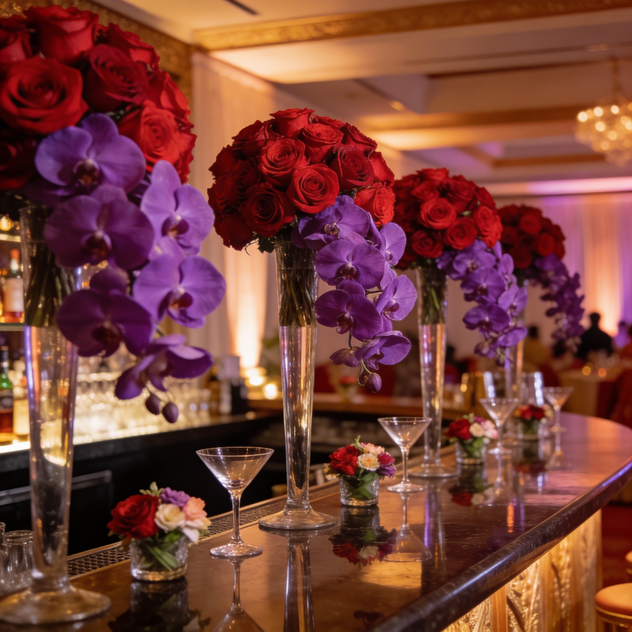 Cocktail bar decorated with roses and orchids