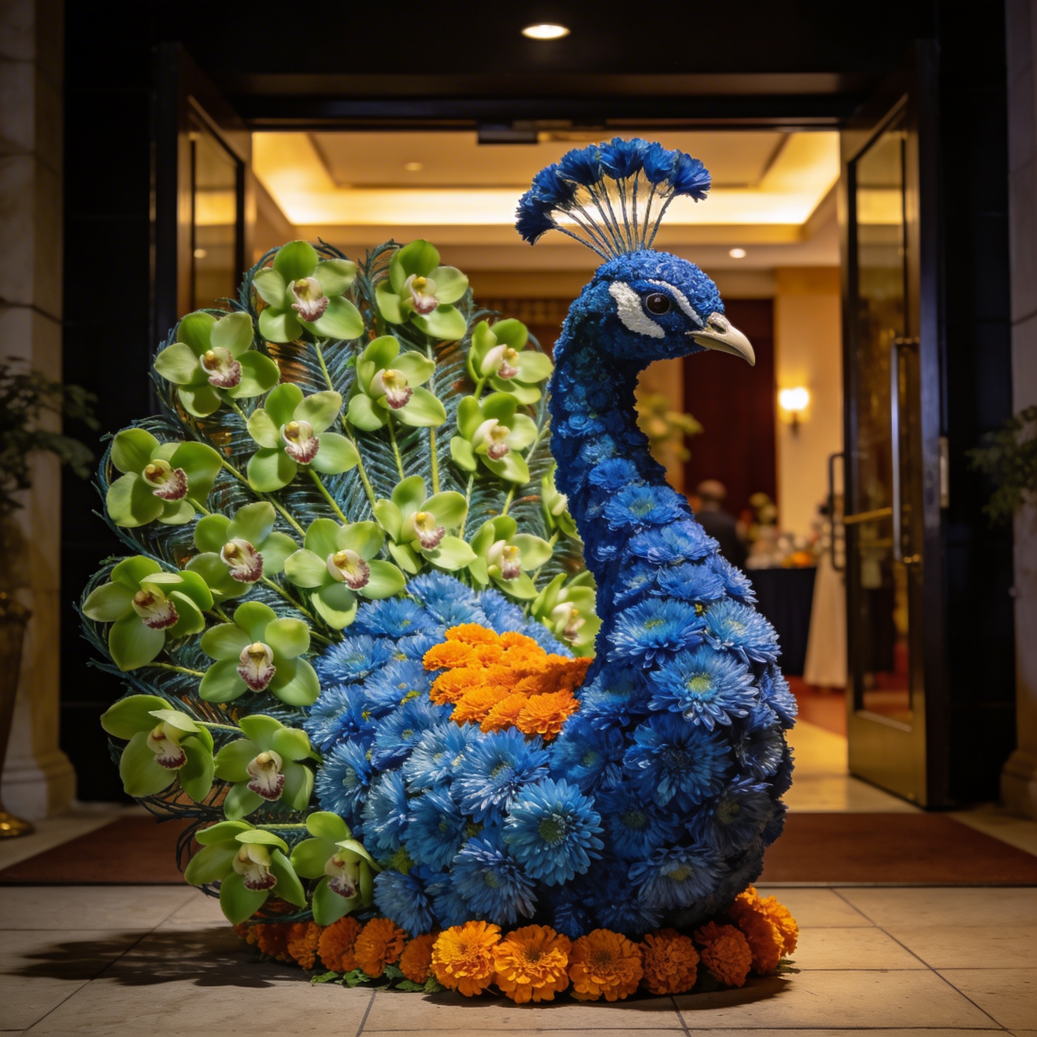 Peacock-shaped flower sculpture from dyed chrysanthemums