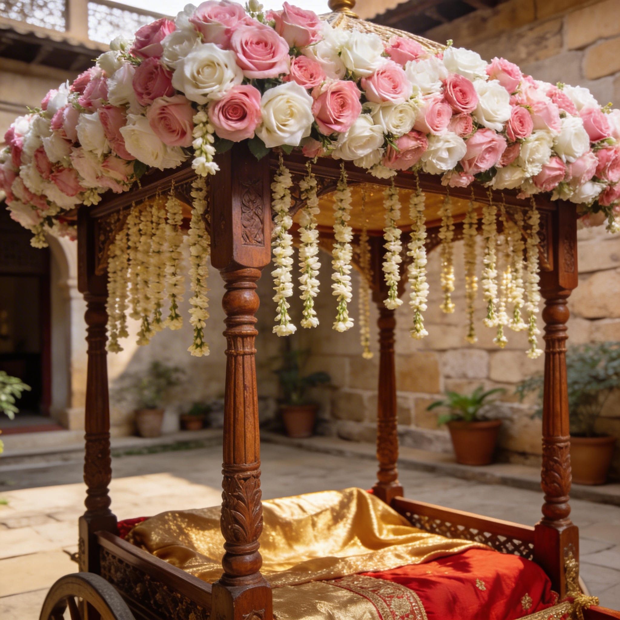 Traditional wedding doli palanquin covered in roses