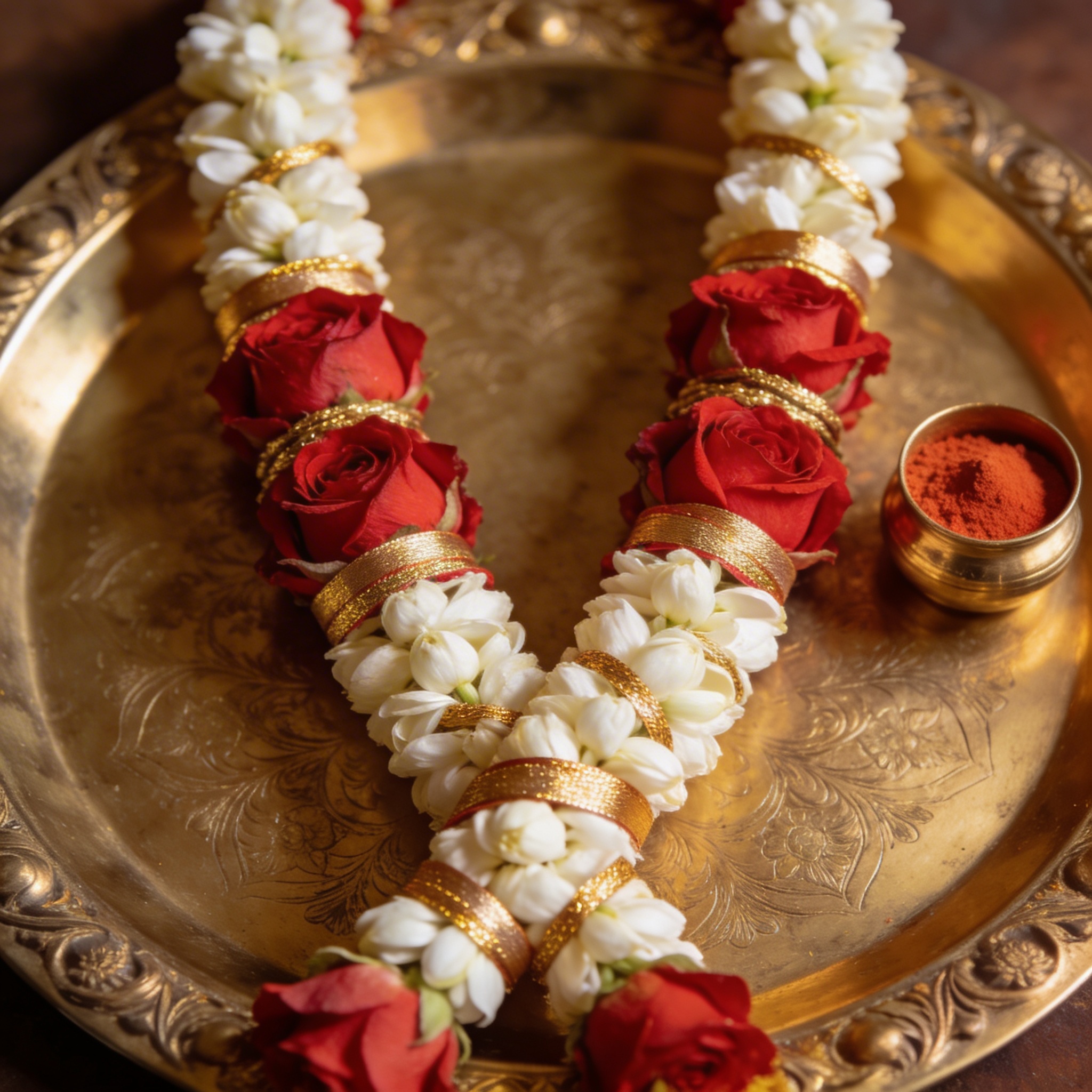 Two matching var mala garlands on decorated brass tray