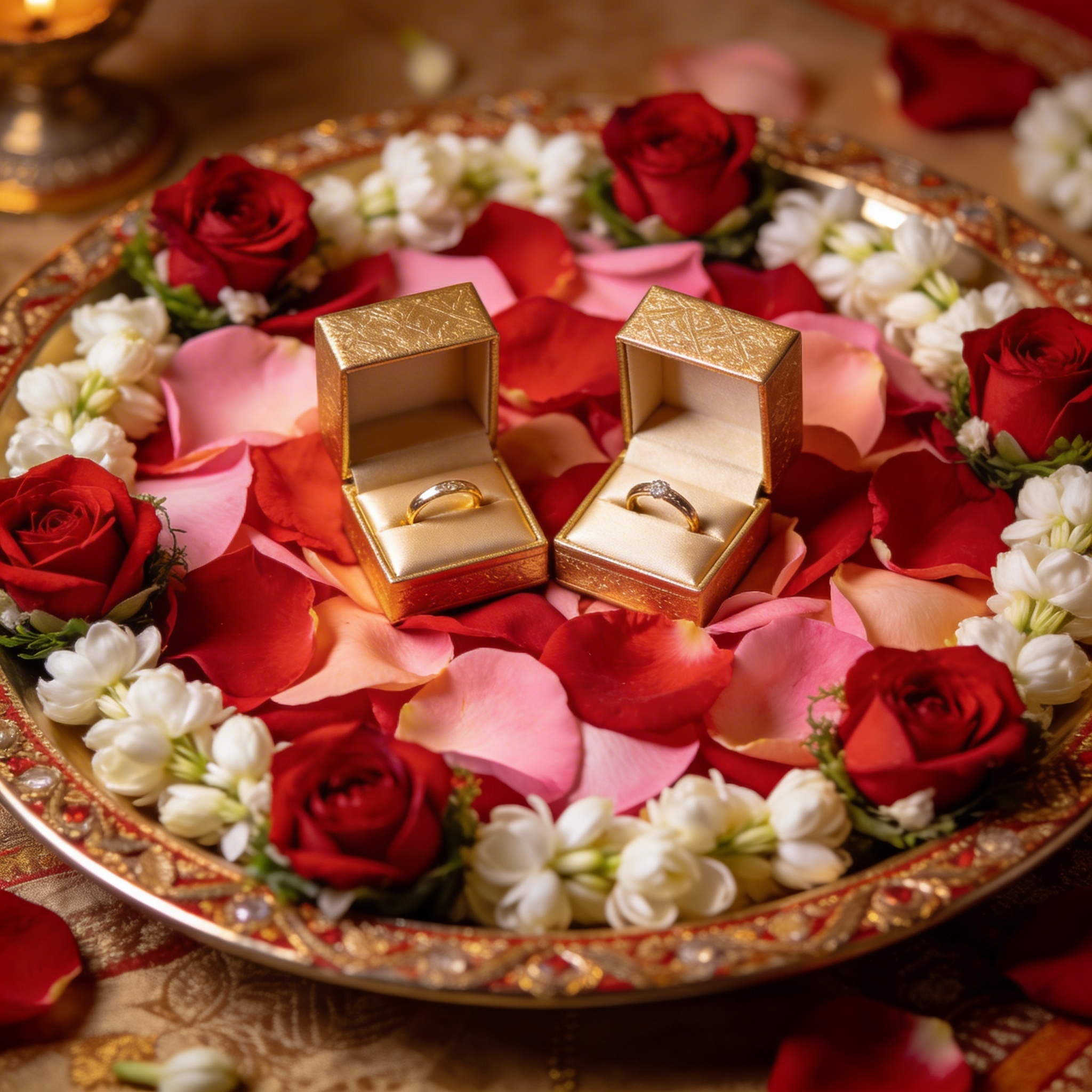 Engagement ring ceremony tray with rose petals