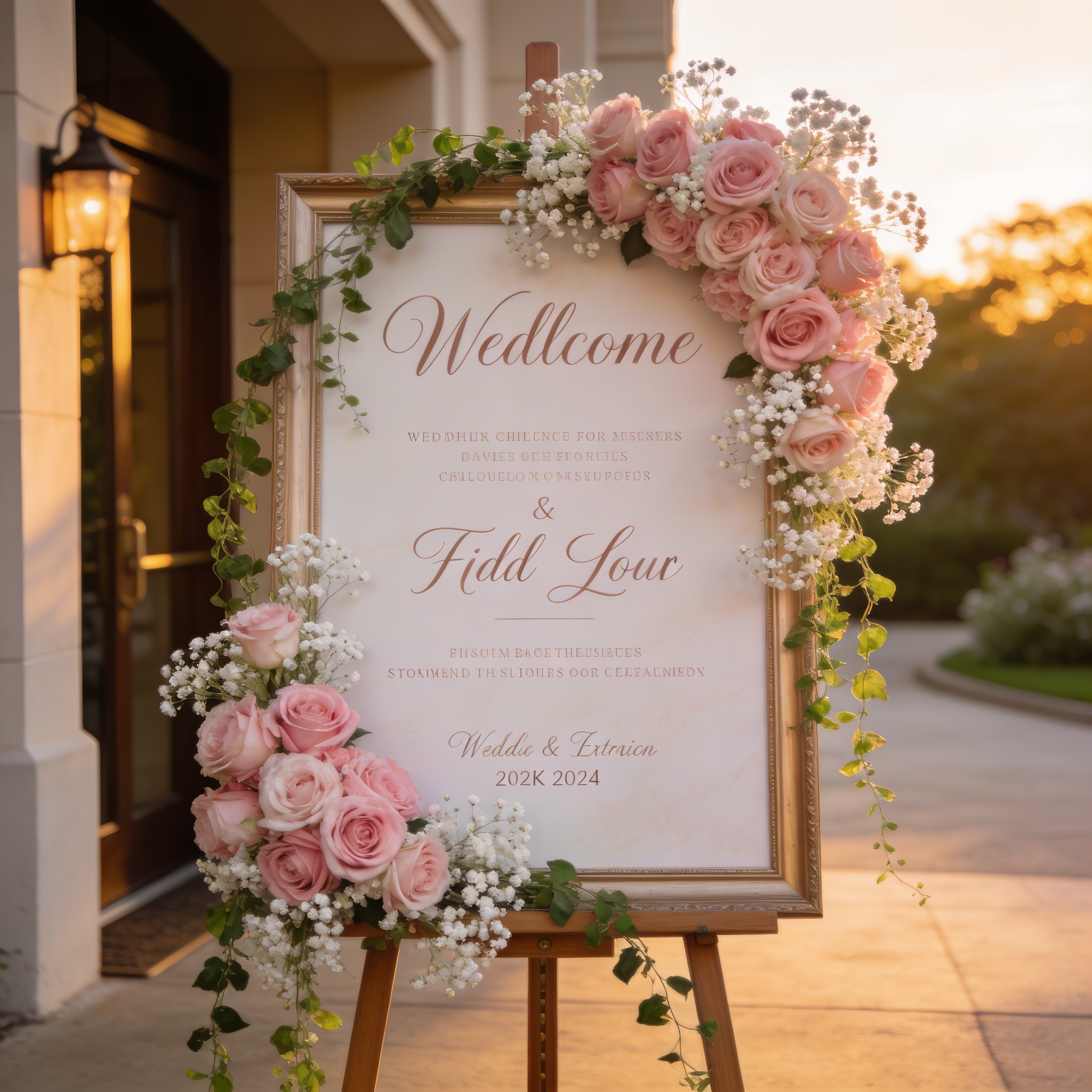 Wedding welcome sign framed with pink roses