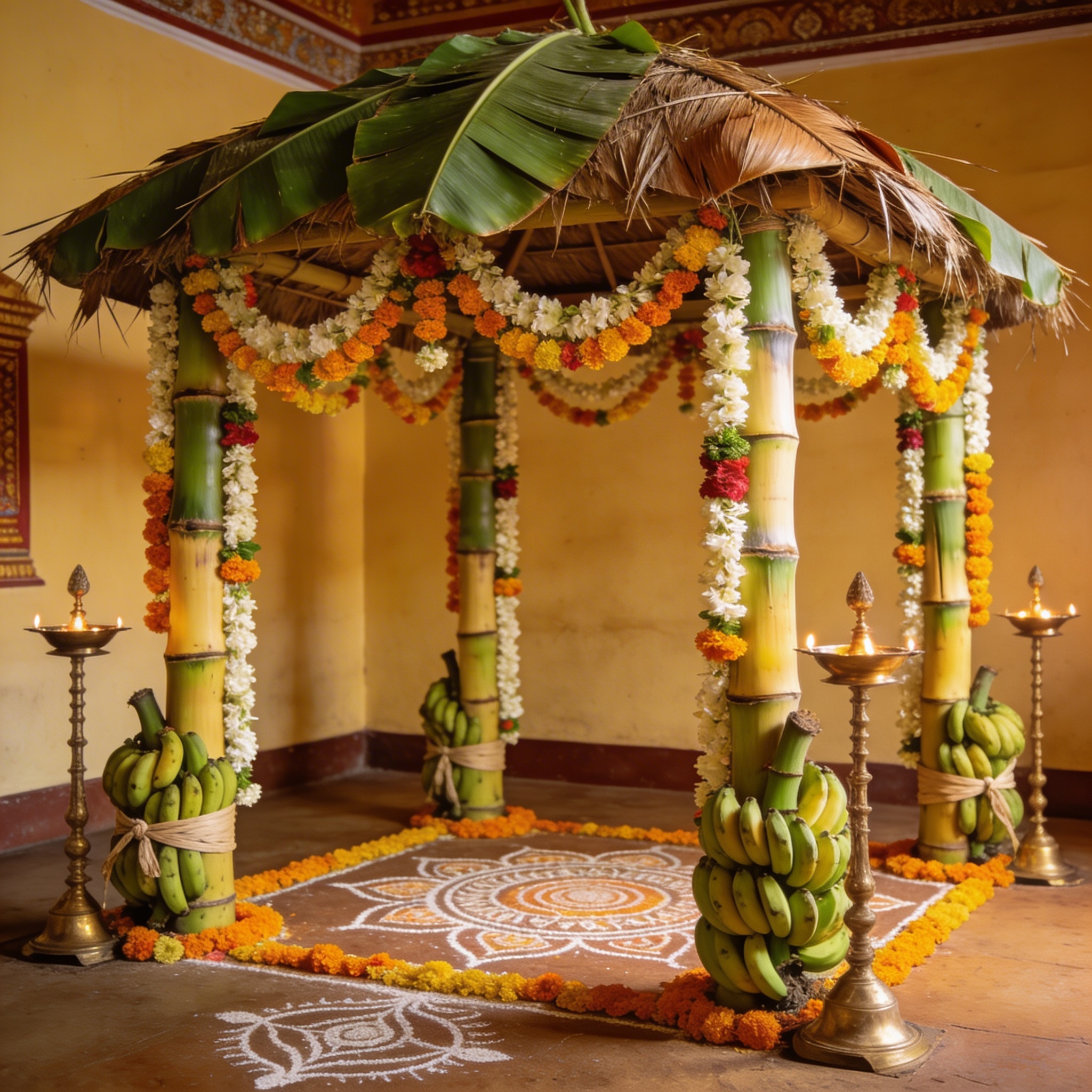 Traditional South Indian mandap with banana stems and jasmine