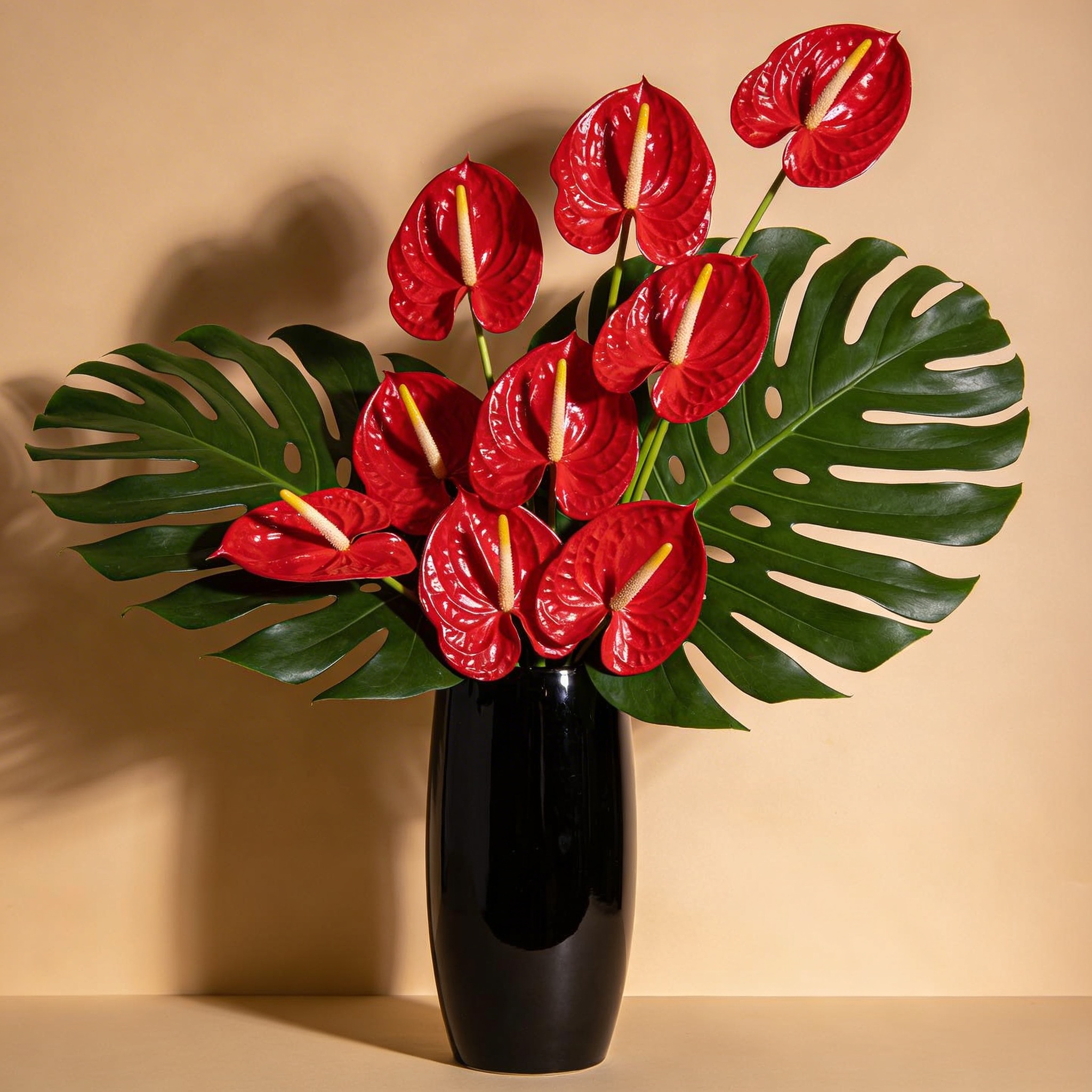 Modern anthurium and monstera arrangement in black vase