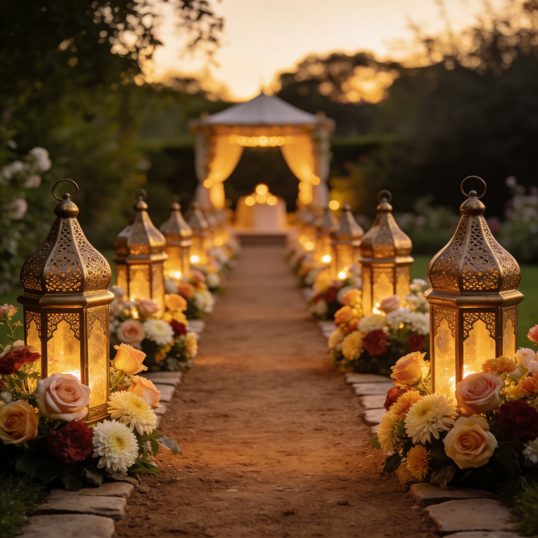 Wedding pathway with brass lanterns and flower arrangements