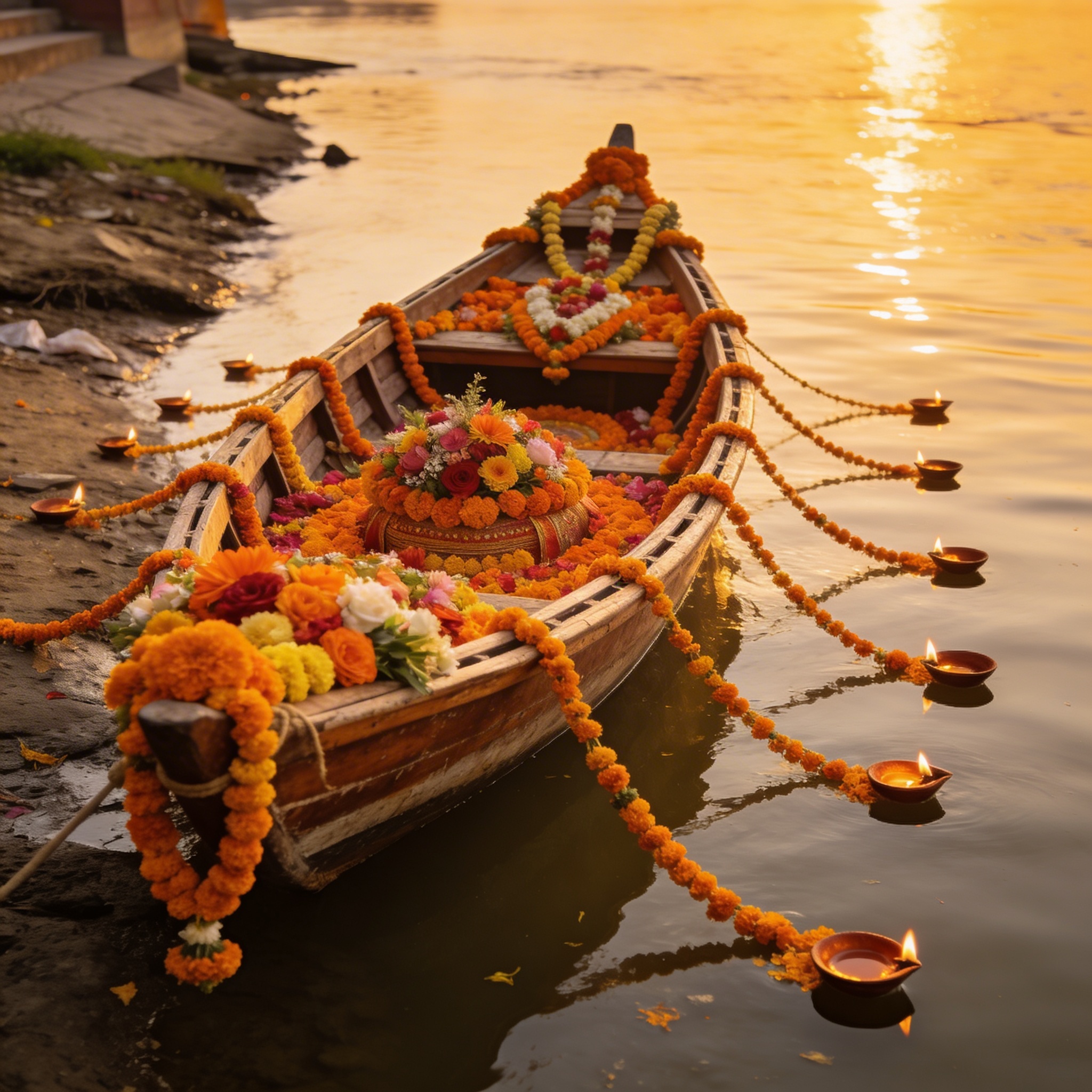 Decorated boat on river with flowers and diyas