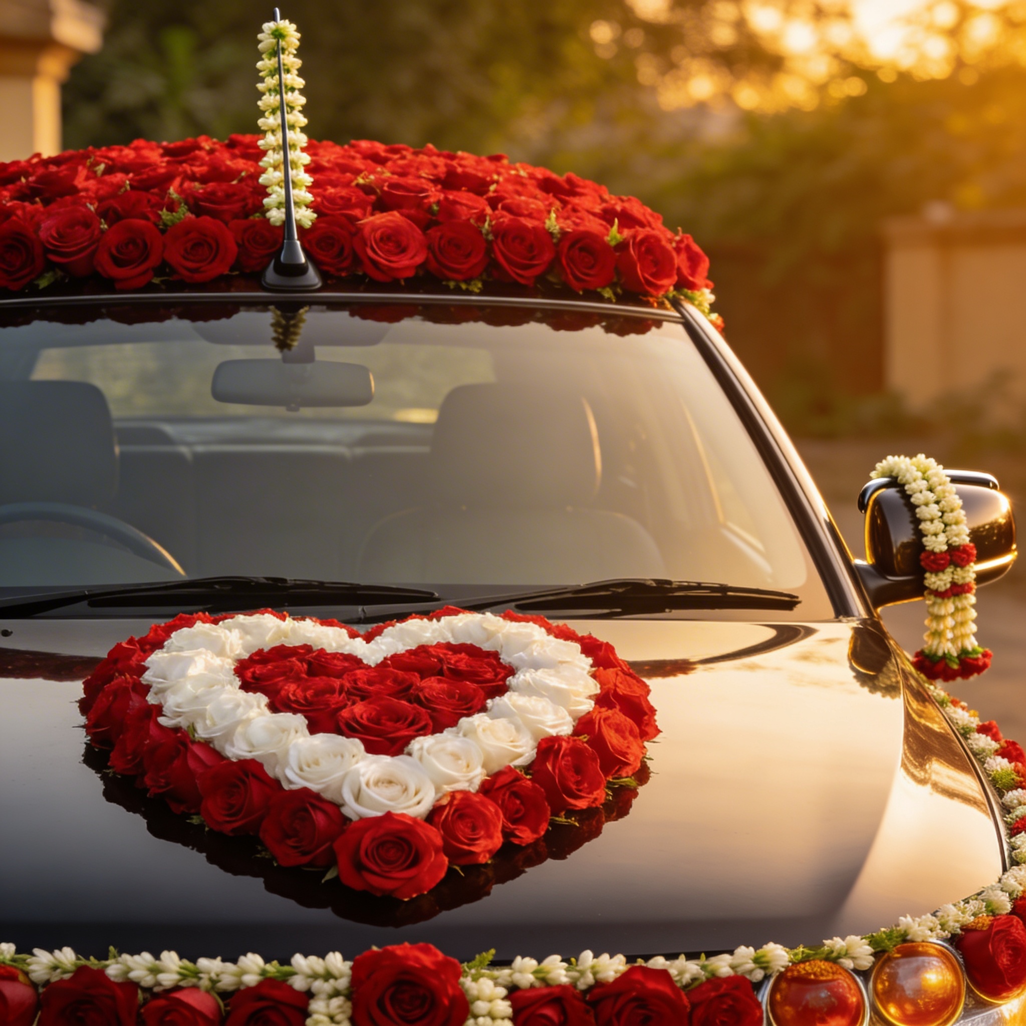 Wedding vidaai car covered in roses