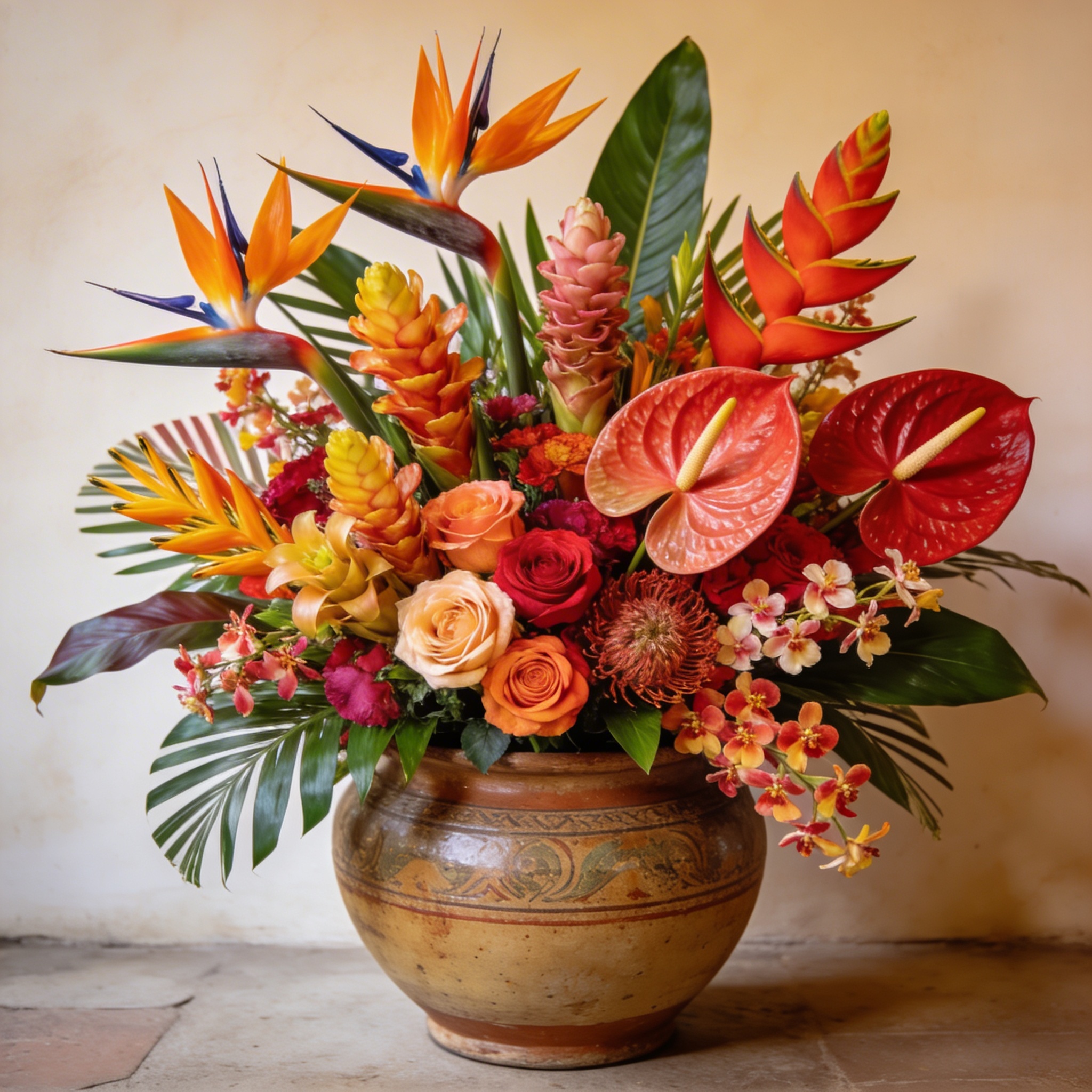 Tropical flowers with birds of paradise and heliconias
