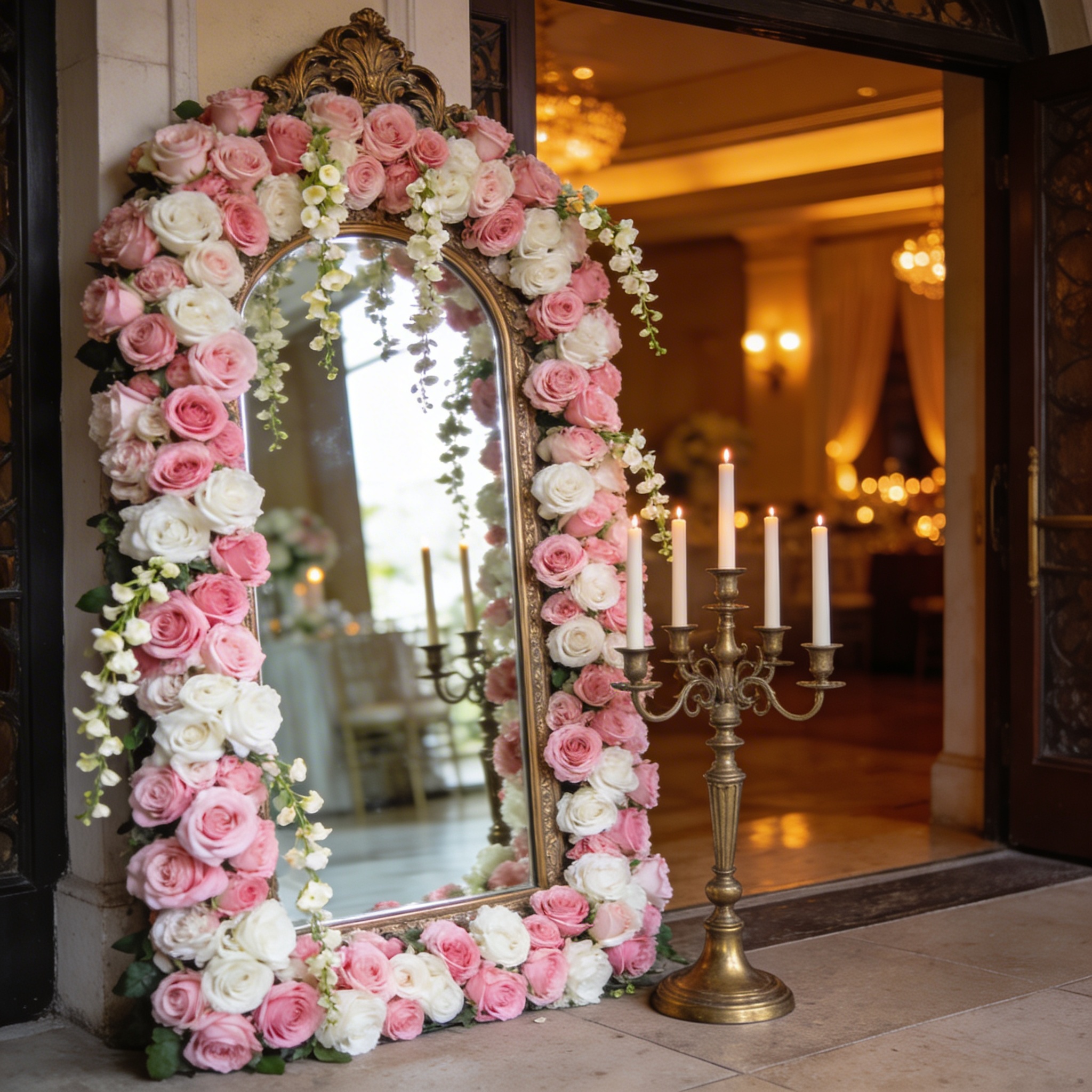 Ornate mirror frame covered in pink and white roses