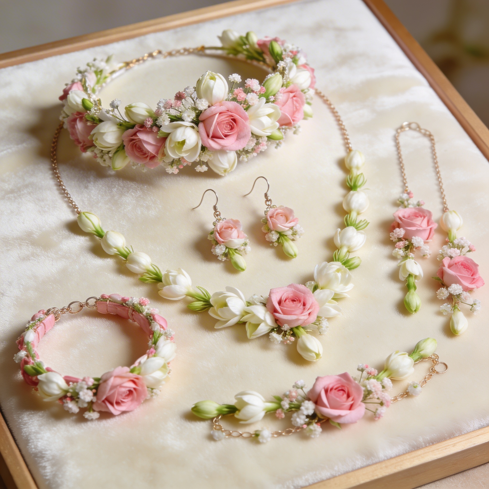 Fresh flower jewellery set on cream velvet board