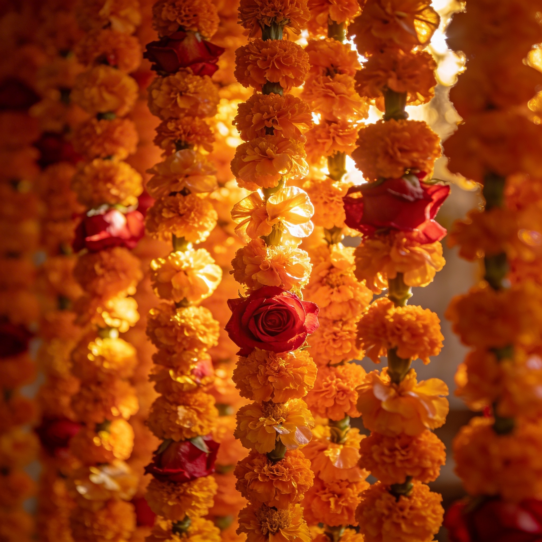 Cascading garlands of fresh marigold and rose