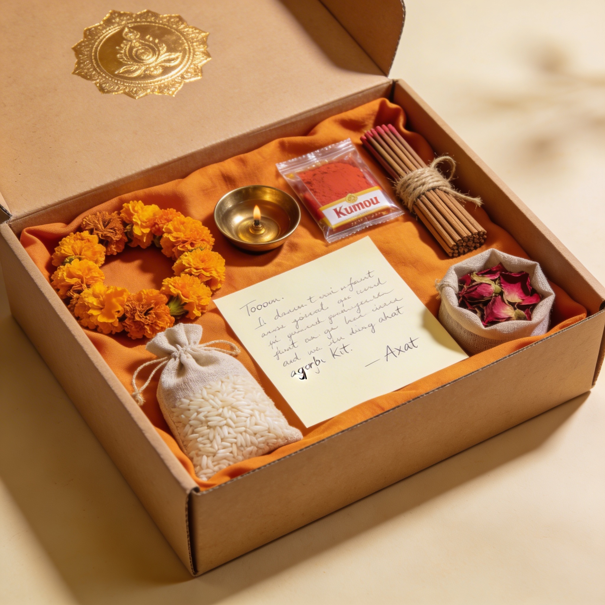 Beautiful pooja kit box open showing marigold garland, brass diya, kumkum, agarbatti