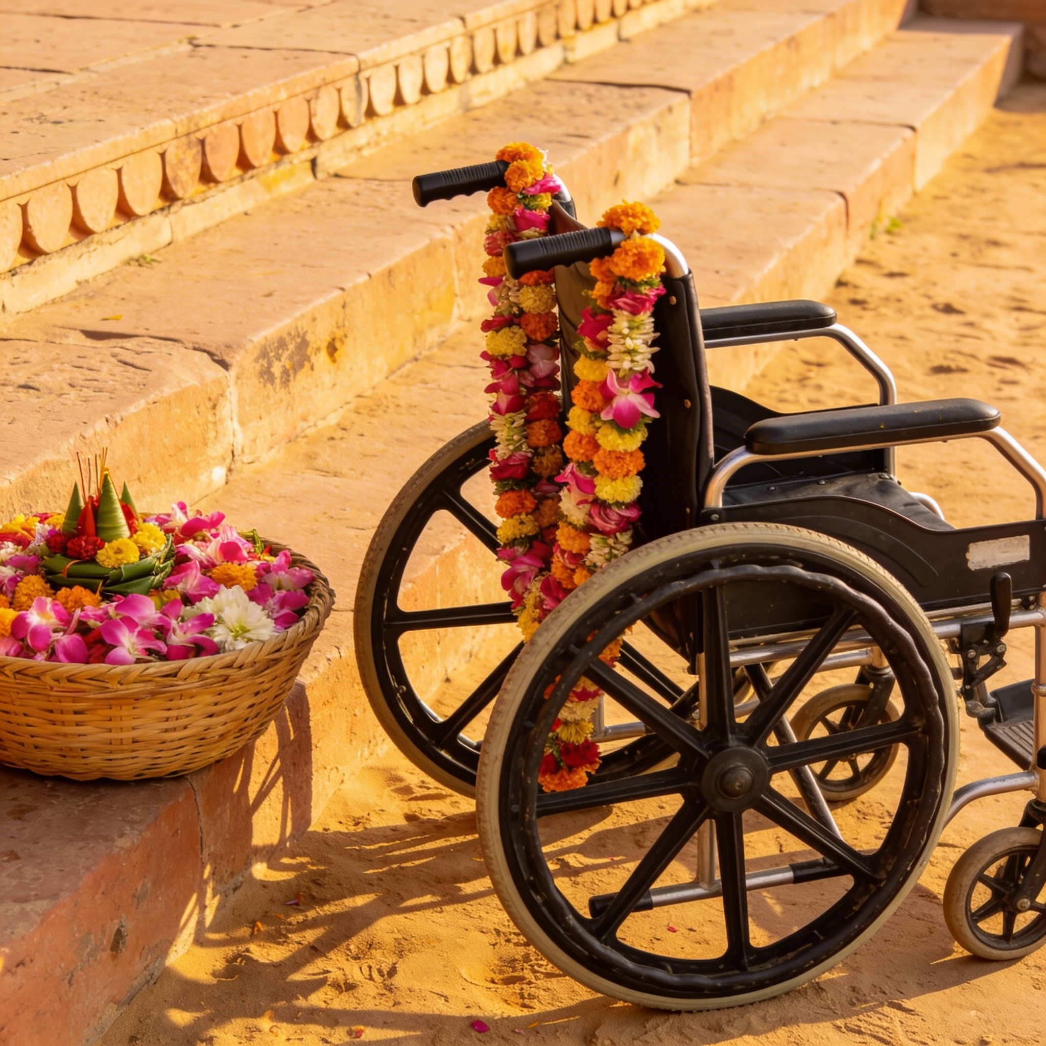 Wheelchair with flower garland draped on handle beside basket of puja flowers