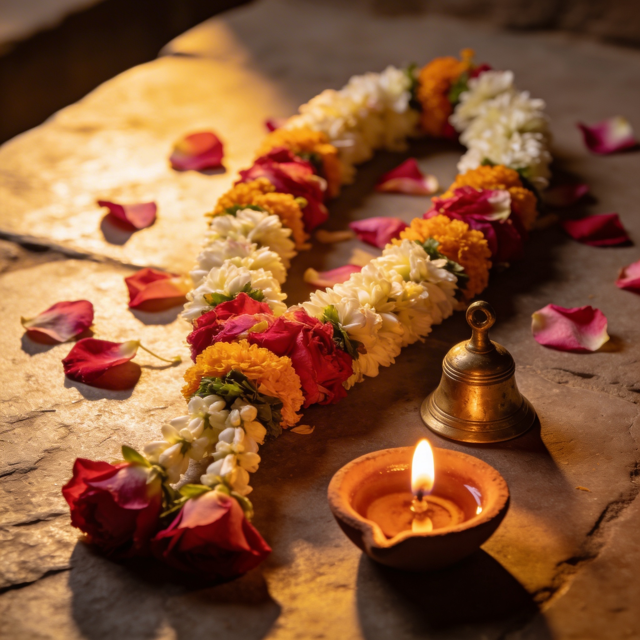 Beautiful fresh flower garland placed reverently on stone surface with rose petals and diya