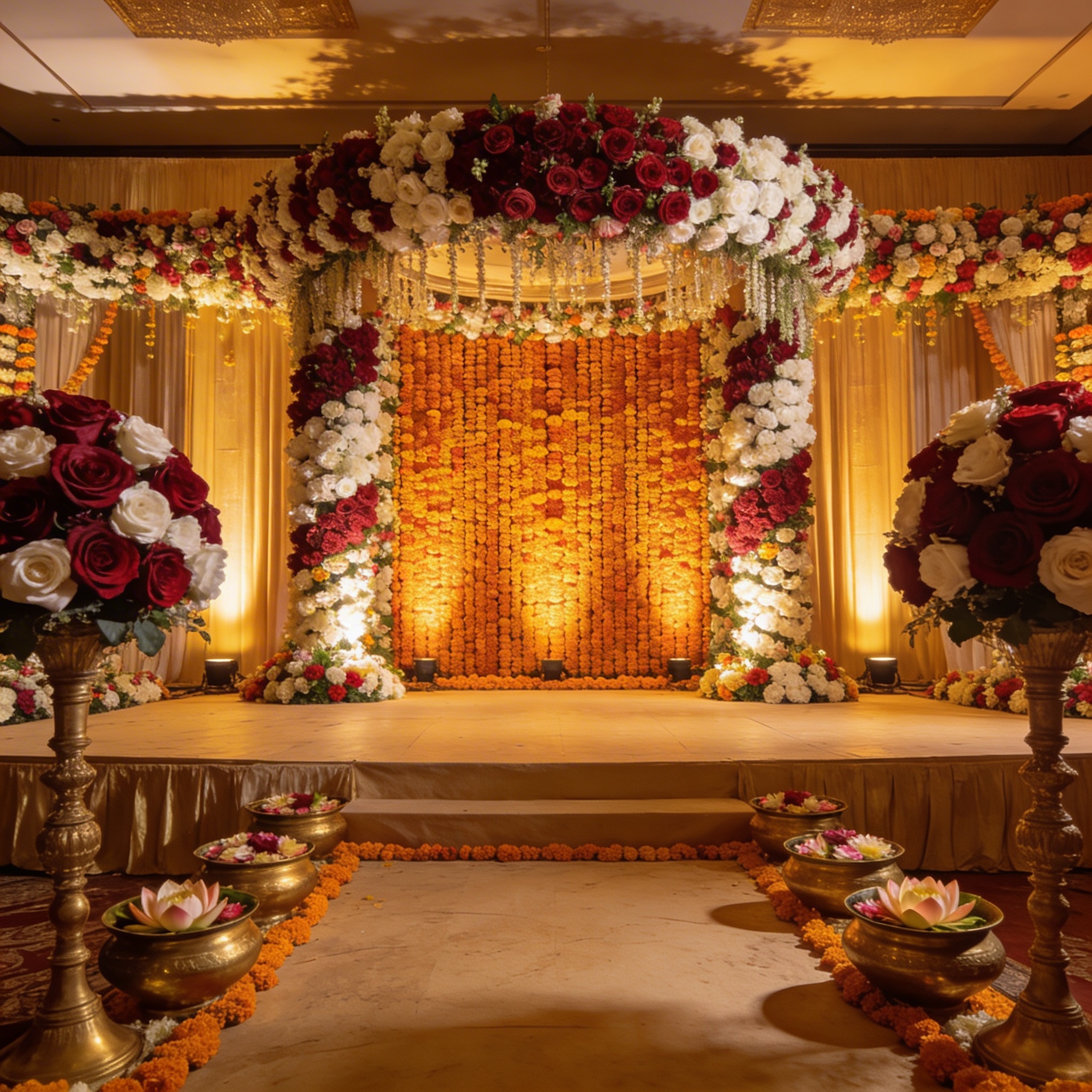Elaborate wedding stage decorated with layers of fresh roses, marigold garlands, and lotus arrangements